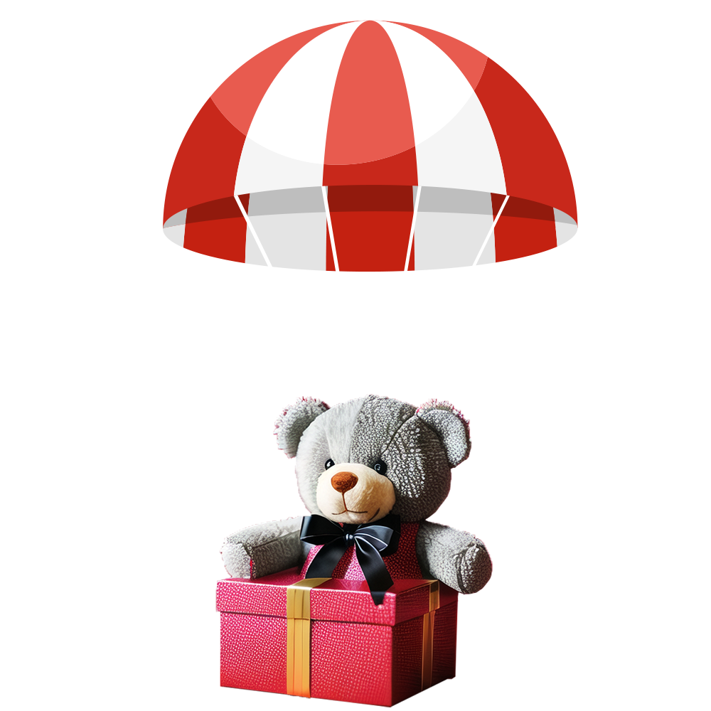 Flying Teddy Bear Gift Set with Parachute – KuToys Cute grey teddy bear with gift box landing by parachute – KuToys.com